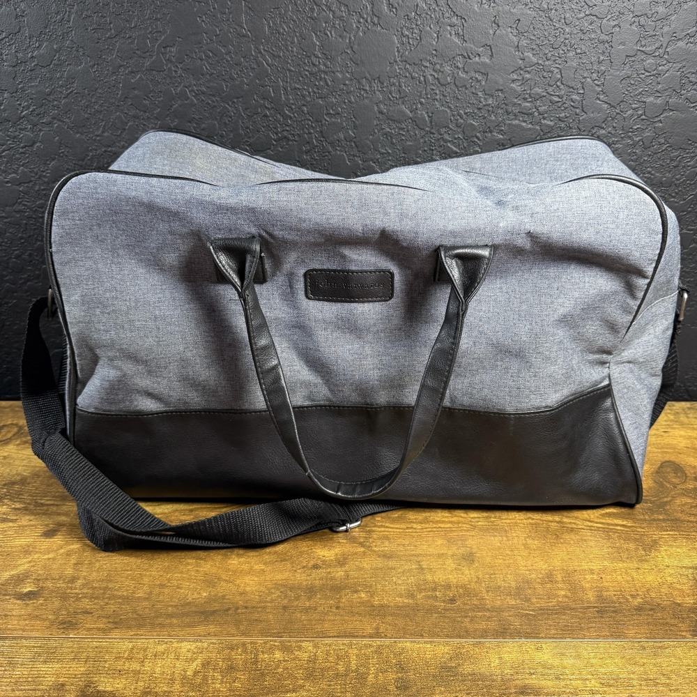 John Varvatos Grey Canvas Black Faux Leather‎ Duffel Bag Travel Weekender Large